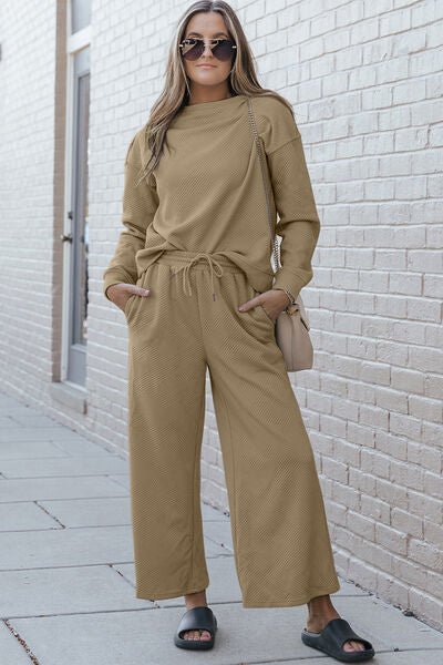 Double Take Full Size Textured Long Sleeve Top and Drawstring Pants Set - S. M. & Co. Two Piece Sets/Tops & Bottoms