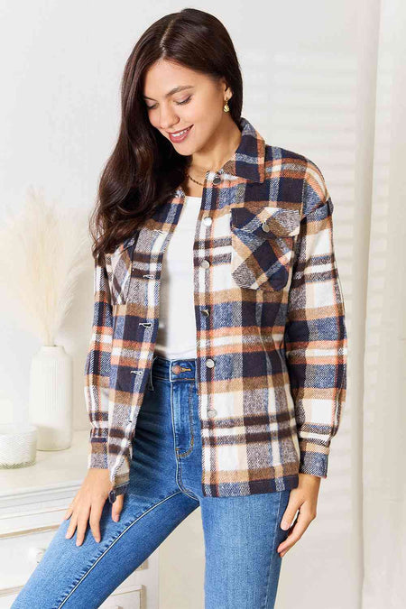 Double Take Plaid Button Front Shirt Jacket with Breast Pockets - S. M. & Co. Jacket