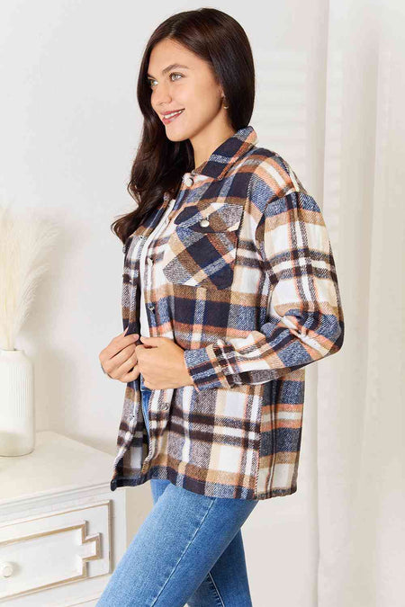 Double Take Plaid Button Front Shirt Jacket with Breast Pockets - S. M. & Co. Jacket