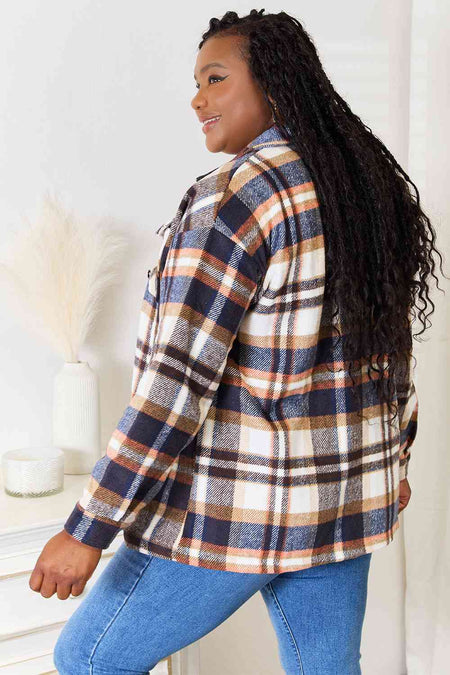 Double Take Plaid Button Front Shirt Jacket with Breast Pockets - S. M. & Co. Jacket