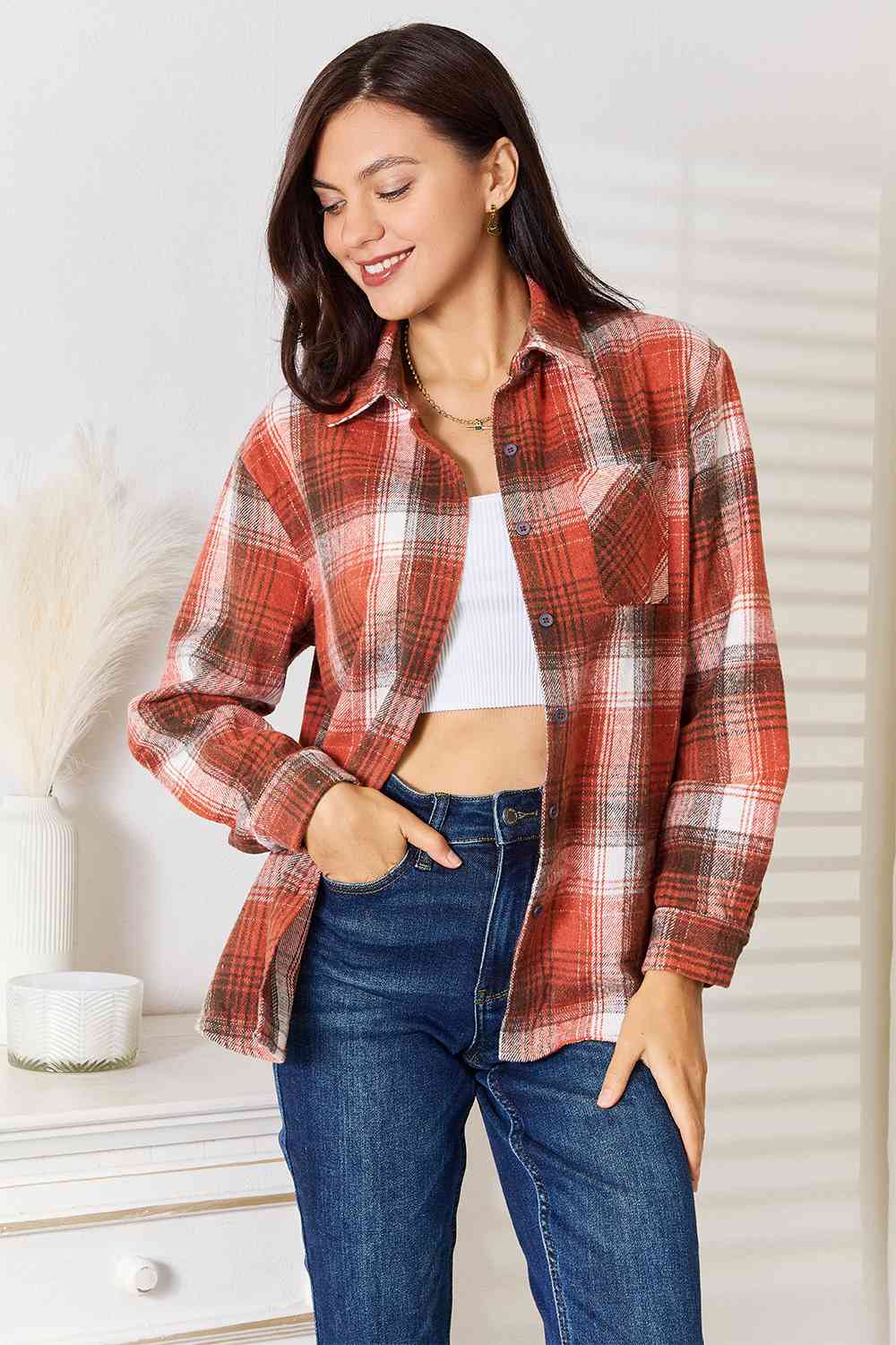 Double Take Plaid Collared Neck Long Sleeve Shirt - S. M. & Co. Shirts & Tops