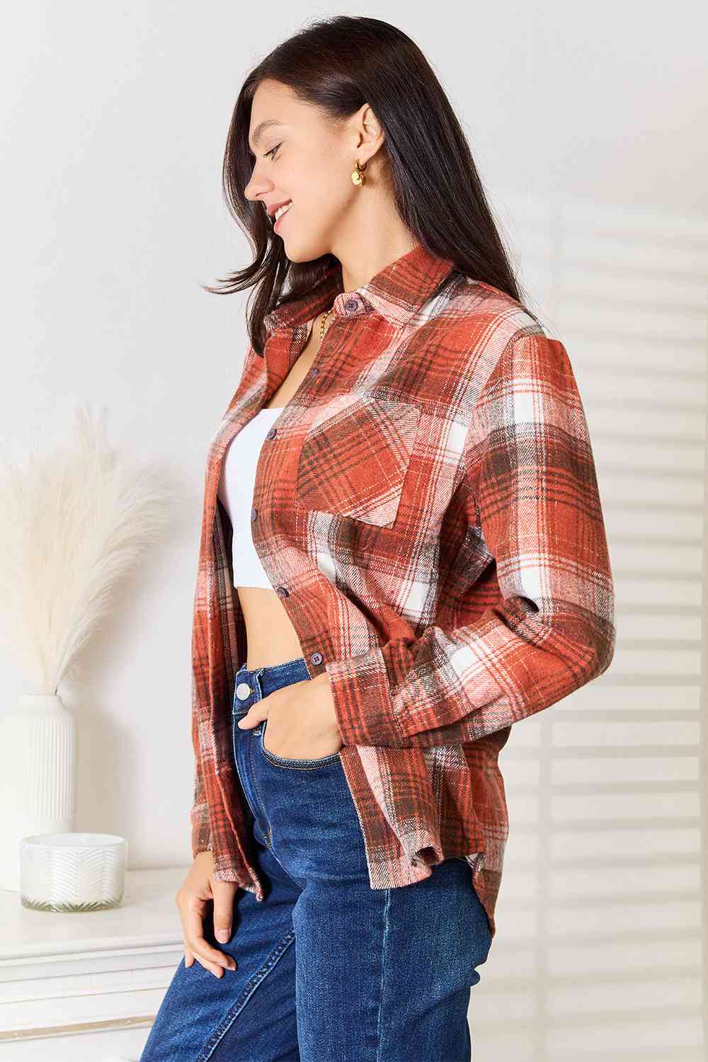 Double Take Plaid Collared Neck Long Sleeve Shirt - S. M. & Co. Shirts & Tops