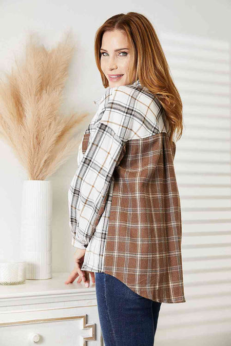 Double Take Plaid Contrast Button Up Shirt Jacket - S. M. & Co. Jacket