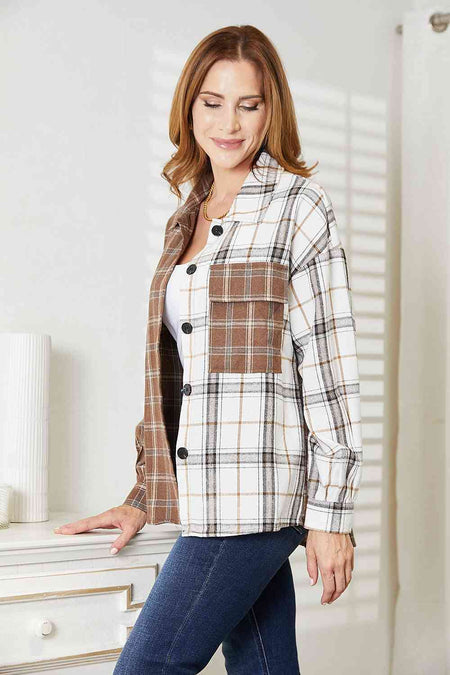 Double Take Plaid Contrast Button Up Shirt Jacket - S. M. & Co. Jacket