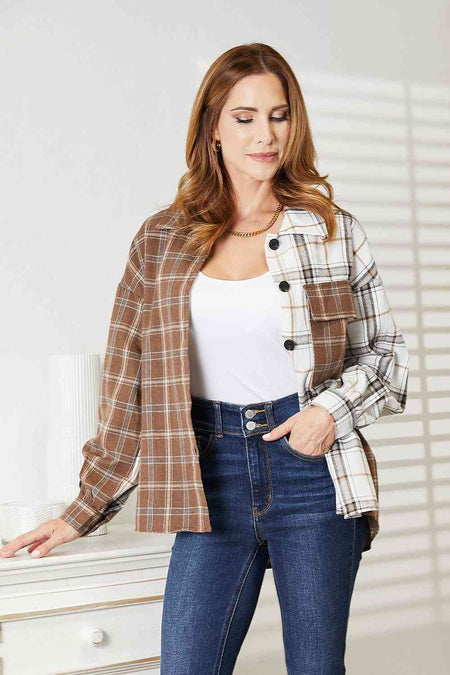 Double Take Plaid Contrast Button Up Shirt Jacket - S. M. & Co. Jacket