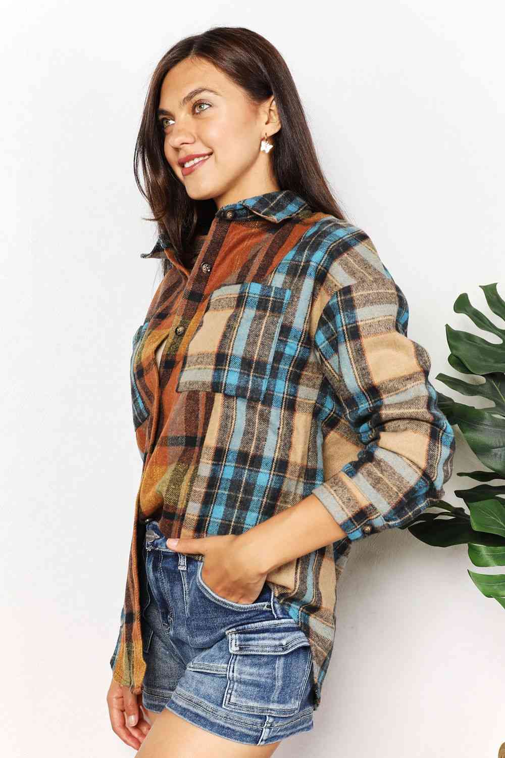 Double Take Plaid Curved Hem Shirt Jacket with Breast Pockets - S. M. & Co. Jacket