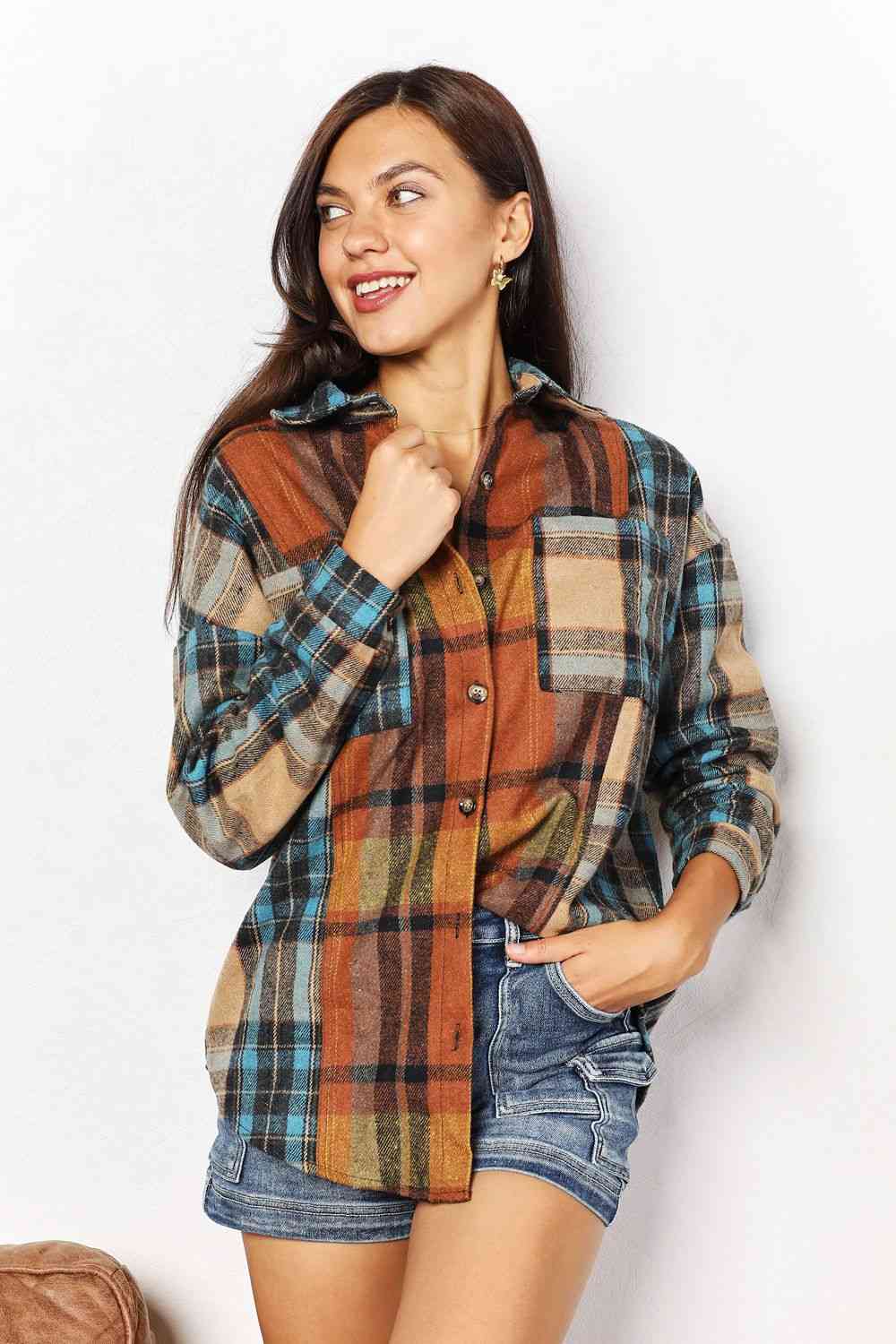 Double Take Plaid Curved Hem Shirt Jacket with Breast Pockets - S. M. & Co. Jacket