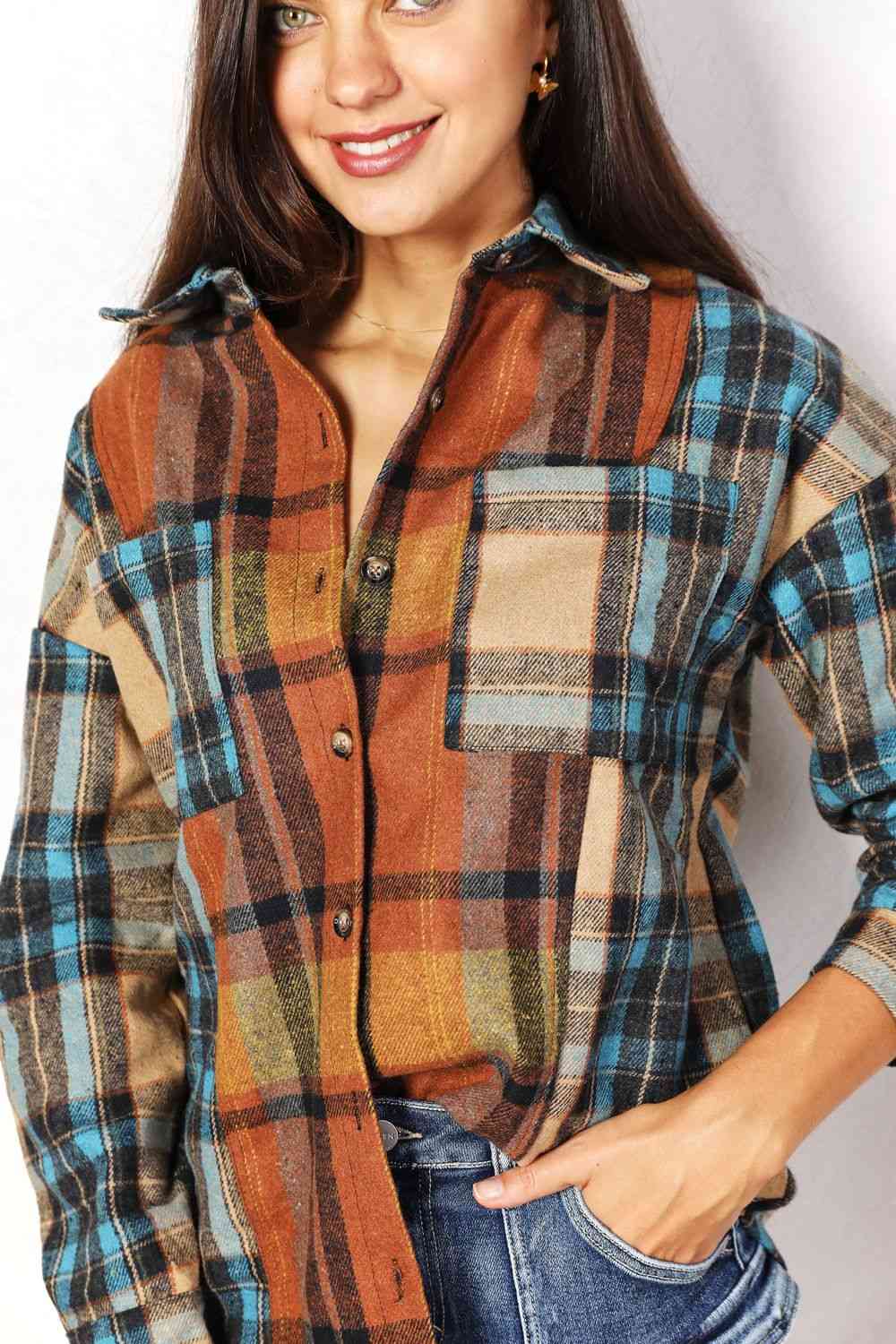 Double Take Plaid Curved Hem Shirt Jacket with Breast Pockets - S. M. & Co. Jacket