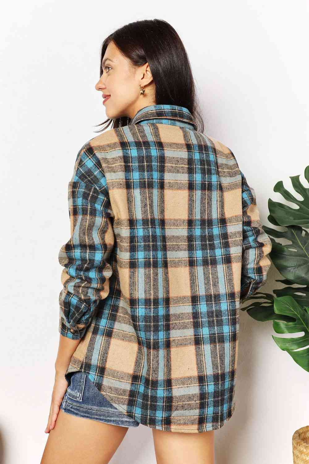 Double Take Plaid Curved Hem Shirt Jacket with Breast Pockets - S. M. & Co. Jacket