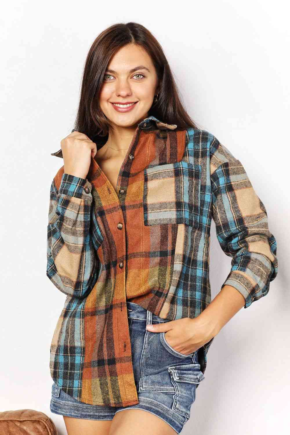 Double Take Plaid Curved Hem Shirt Jacket with Breast Pockets - S. M. & Co. Jacket