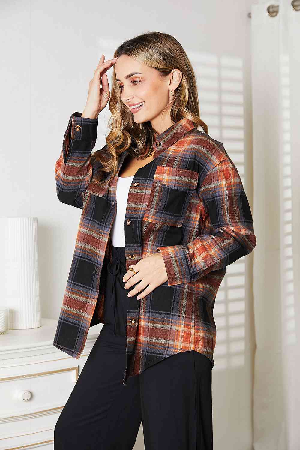 Double Take Plaid Dropped Shoulder Shirt - S. M. & Co.