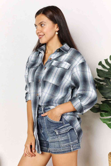 Double Take Plaid Dropped Shoulder Shirt - S. M. & Co.