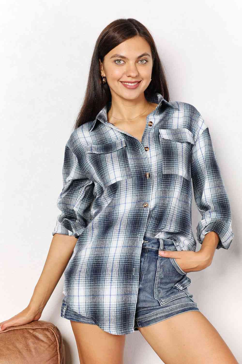 Double Take Plaid Dropped Shoulder Shirt - S. M. & Co.