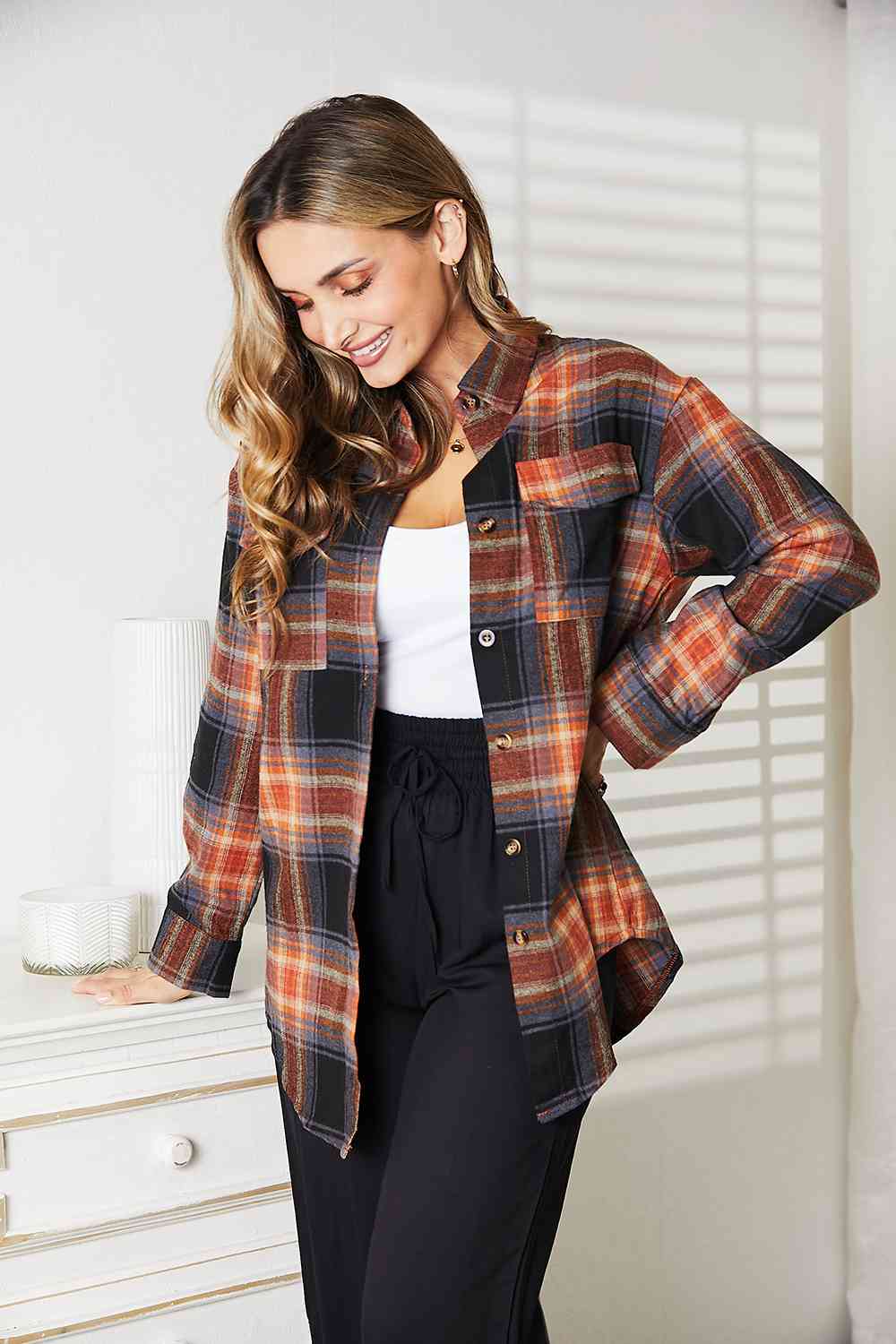 Double Take Plaid Dropped Shoulder Shirt - S. M. & Co.