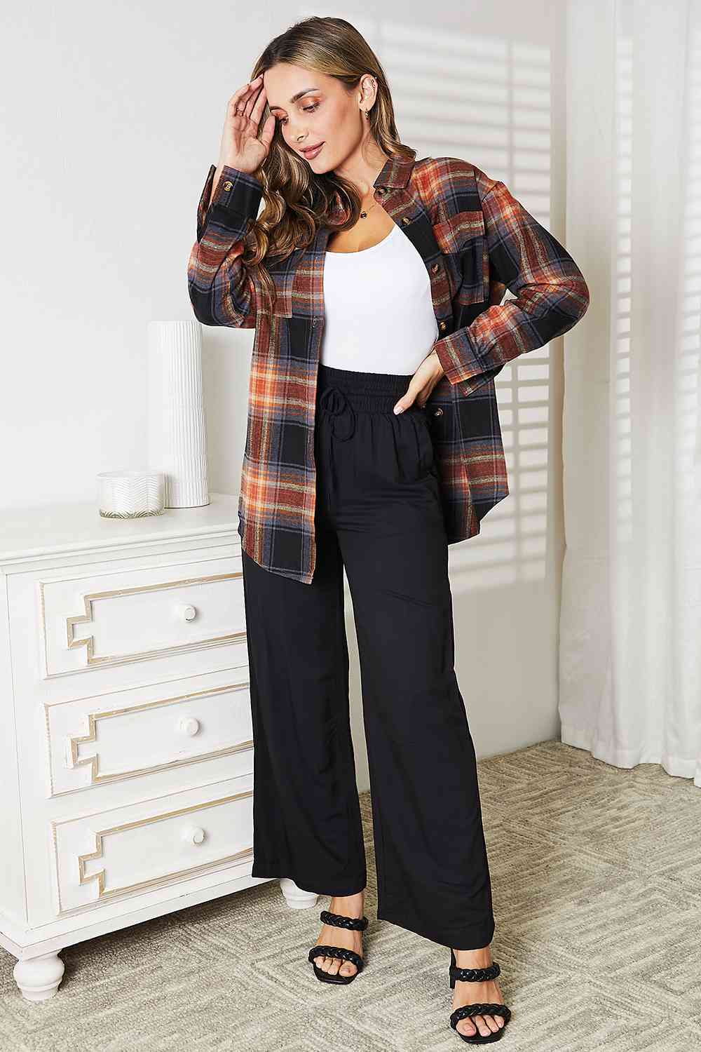 Double Take Plaid Dropped Shoulder Shirt - S. M. & Co.