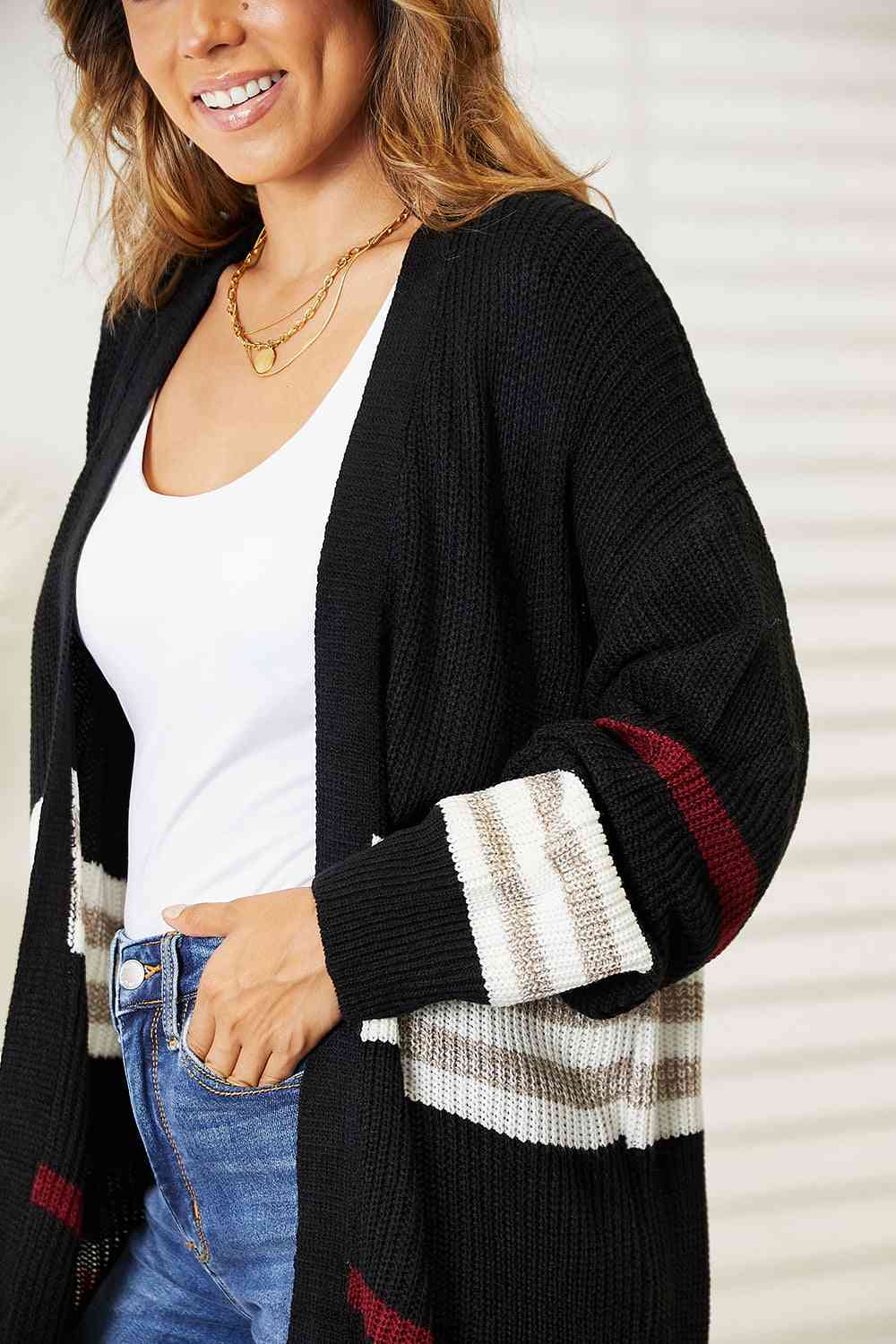 Double Take Striped Rib-Knit Drop Shoulder Open Front Cardigan - S. M. & Co. Cardigan