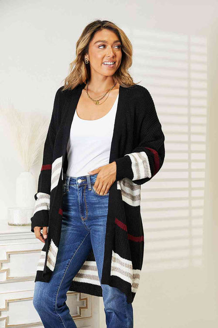 Double Take Striped Rib-Knit Drop Shoulder Open Front Cardigan - S. M. & Co. Cardigan