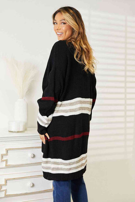 Double Take Striped Rib-Knit Drop Shoulder Open Front Cardigan - S. M. & Co. Cardigan