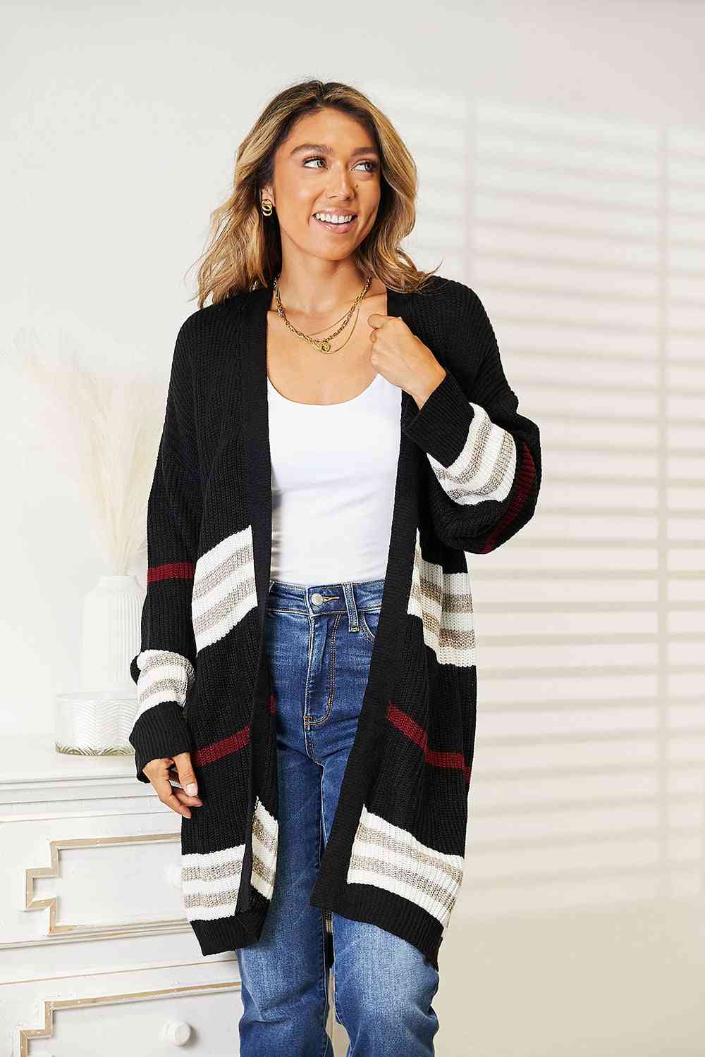 Double Take Striped Rib-Knit Drop Shoulder Open Front Cardigan - S. M. & Co. Cardigan