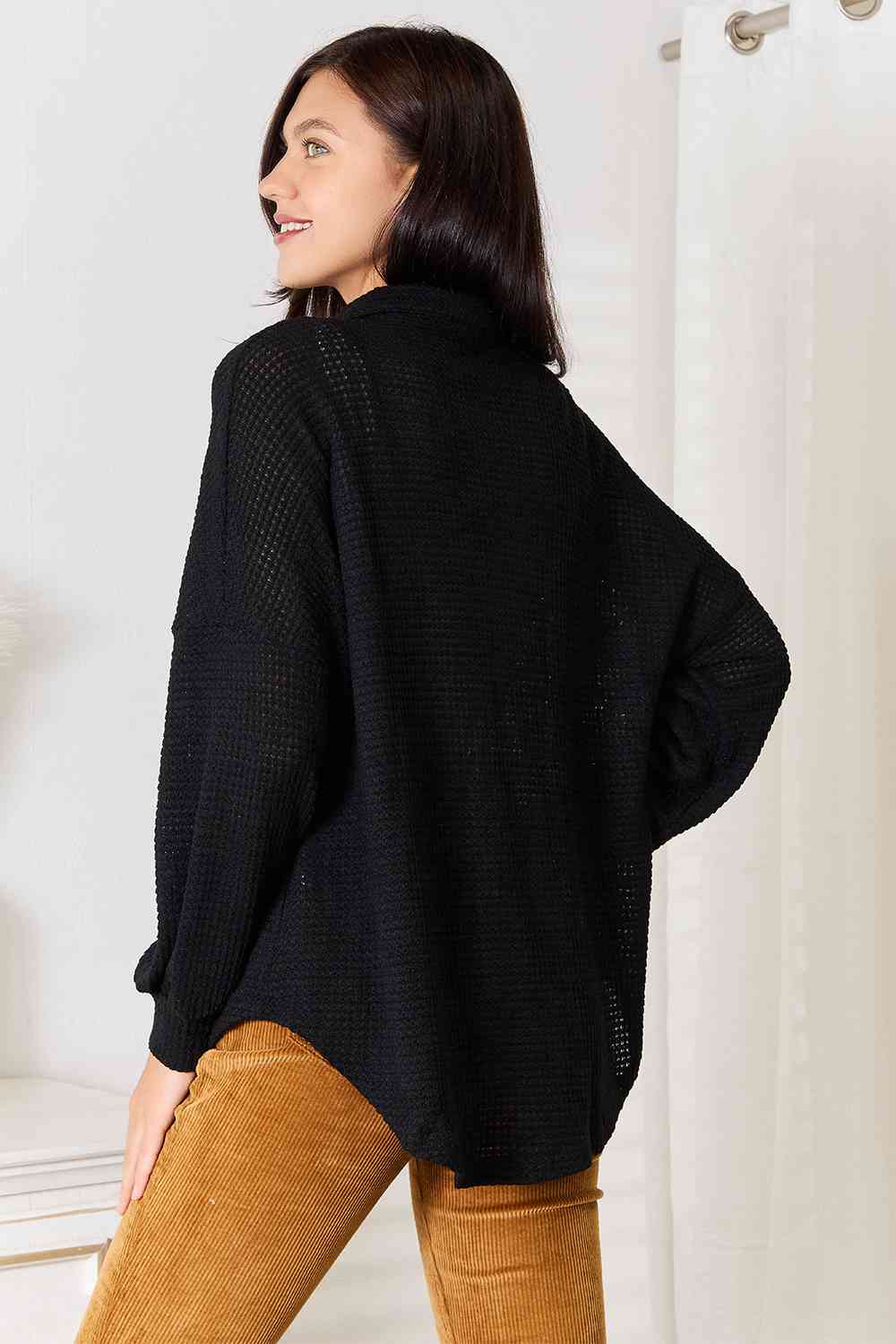 Double Take Waffle-Knit Collared Neck Dropped Shoulder Shirt - S. M. & Co. Knit Top