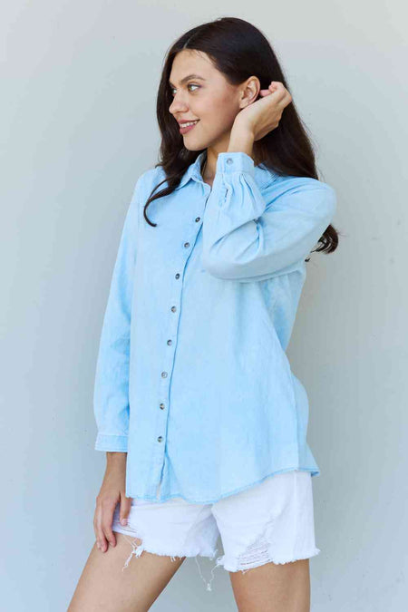 Doublju Blue Jean Baby Denim Button Down Shirt Top in Light Blue - S. M. & Co. Drawstring Shorts