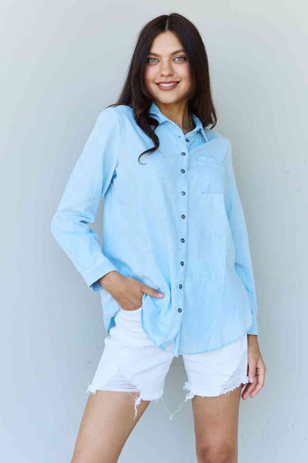 Doublju Blue Jean Baby Denim Button Down Shirt Top in Light Blue - S. M. & Co. Drawstring Shorts