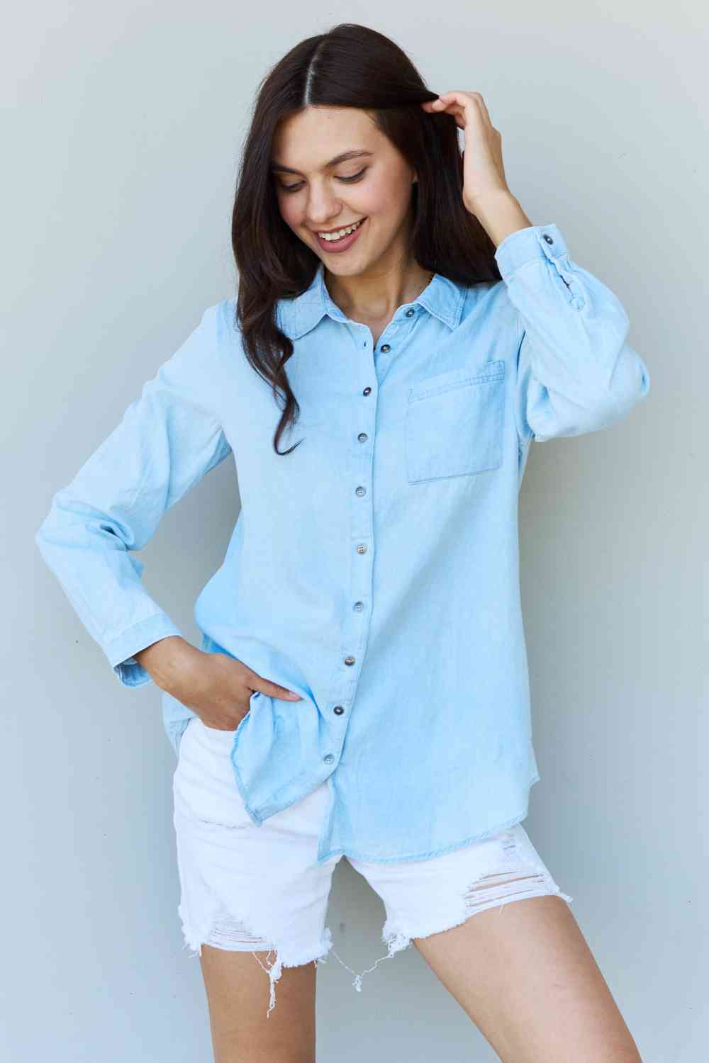 Doublju Blue Jean Baby Denim Button Down Shirt Top in Light Blue - S. M. & Co. Drawstring Shorts