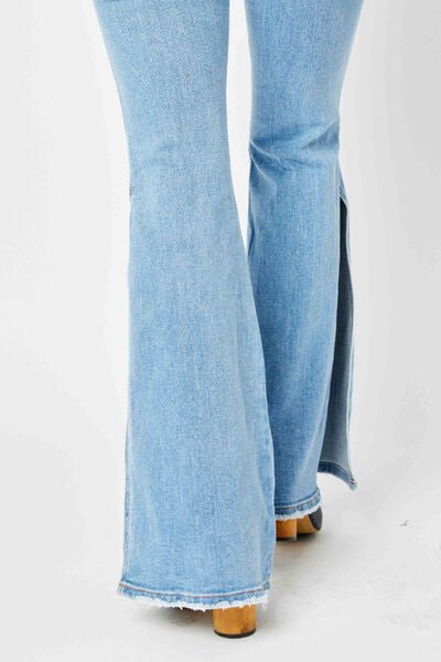 Judy Blue Full Size Mid Rise Raw Hem Slit Flare Jeans - S. M. & Co. Women's Jeans