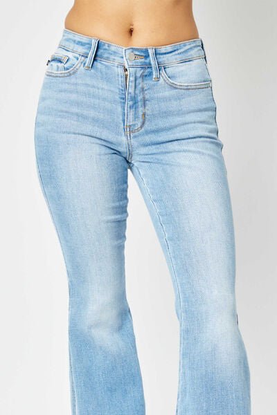 Judy Blue Full Size Mid Rise Raw Hem Slit Flare Jeans - S. M. & Co. Women's Jeans