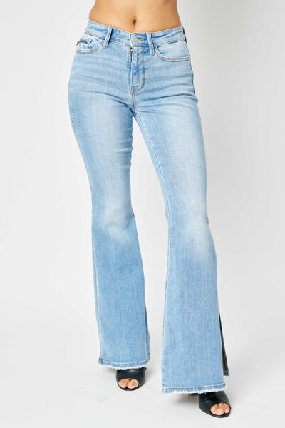 Judy Blue Full Size Mid Rise Raw Hem Slit Flare Jeans - S. M. & Co. Women's Jeans