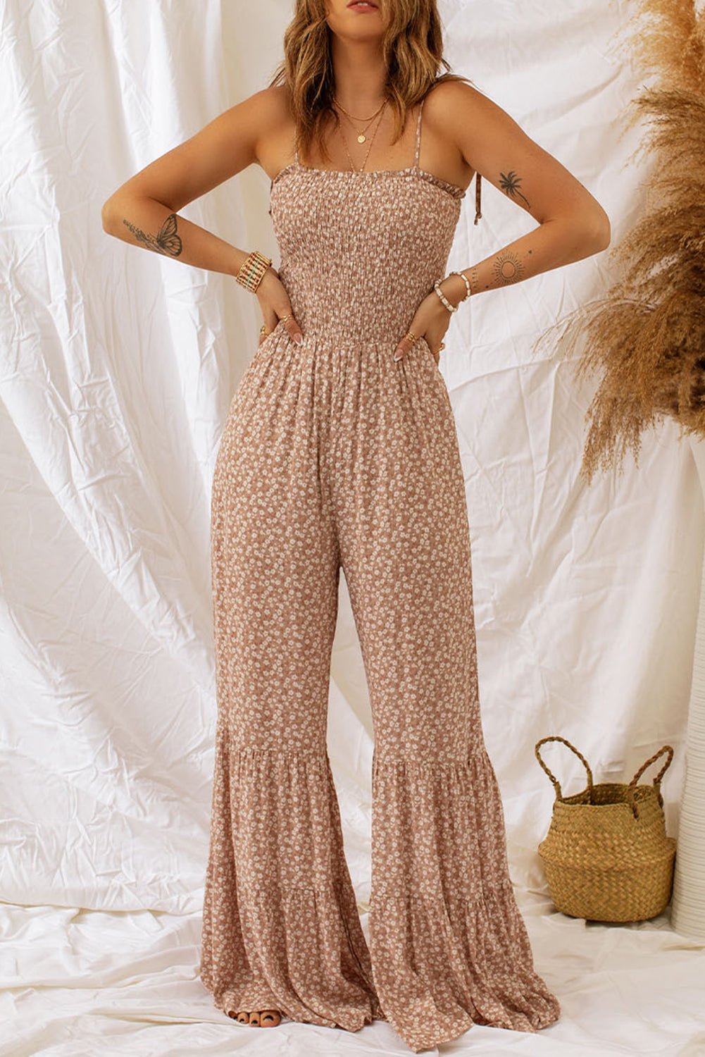 Khaki Wide Leg Floral Jumpsuit - AnAs Market