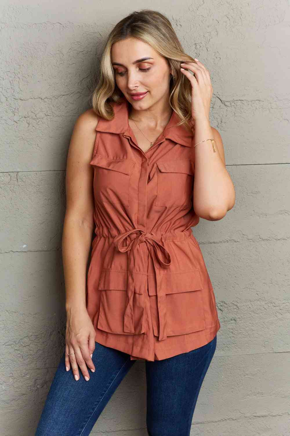 Ninexis Follow The Light Sleeveless Collared Button Down Top - AnAs Market