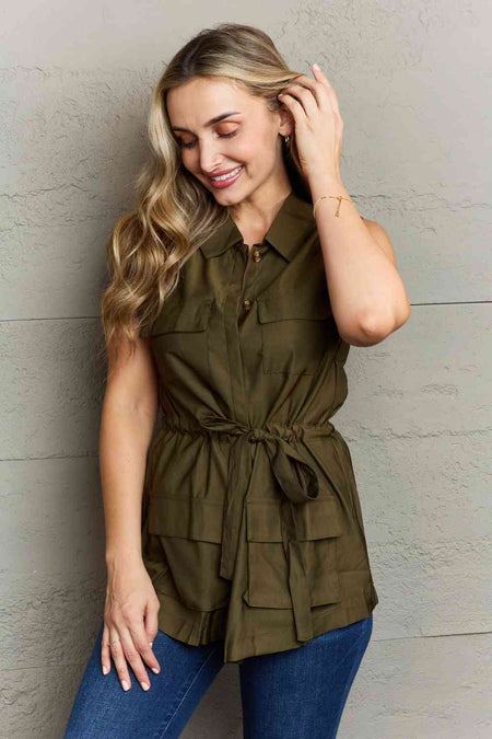 Ninexis Follow The Light Sleeveless Collared Button Down Top - AnAs Market