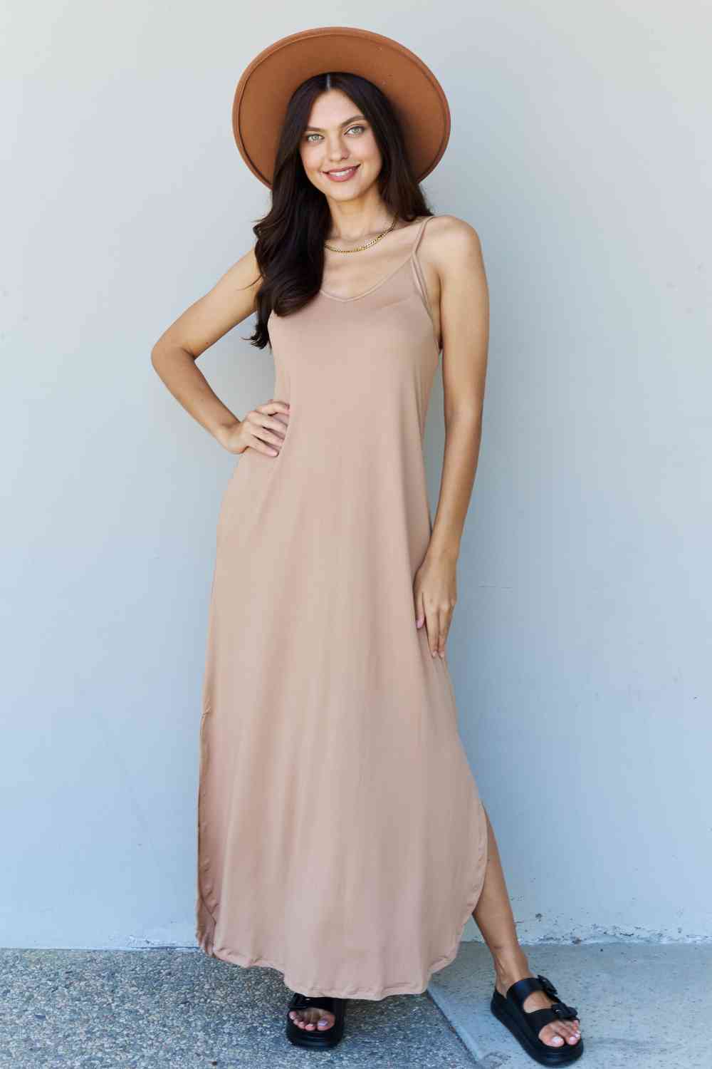 Ninexis Good Energy Full Size Cami Side Slit Maxi Dress in Camel - AnAs Market