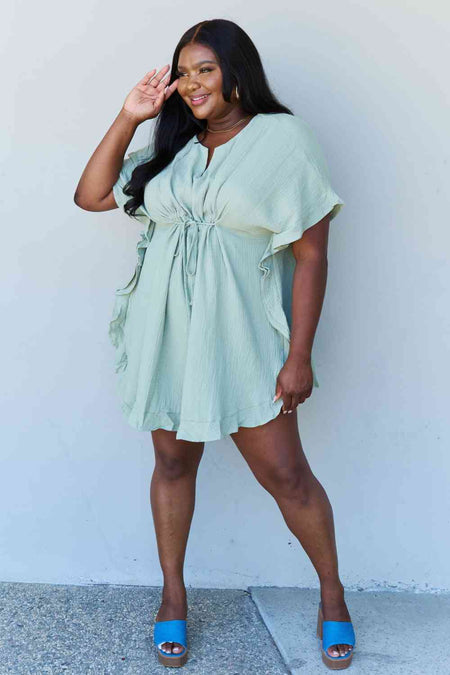 Ninexis Out Of Time Full Size Ruffle Hem Dress with Drawstring Waistband in Light Sage - AnAs Market