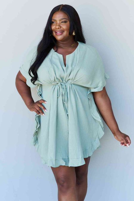 Ninexis Out Of Time Full Size Ruffle Hem Dress with Drawstring Waistband in Light Sage - AnAs Market