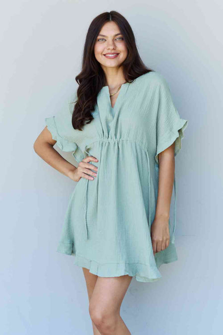 Ninexis Out Of Time Full Size Ruffle Hem Dress with Drawstring Waistband in Light Sage - AnAs Market