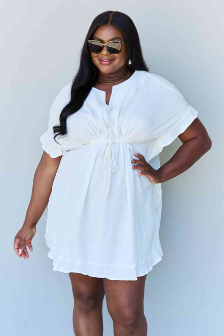 Ninexis Out Of Time Full Size Ruffle Hem Dress with Drawstring Waistband in White - AnAs Market