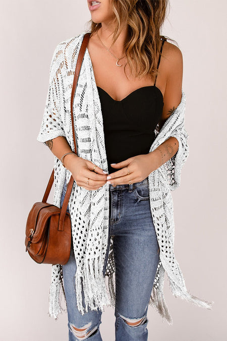 Openwork Open Front Cardigan with Fringes - AnAs Market