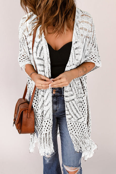 Openwork Open Front Cardigan with Fringes - AnAs Market