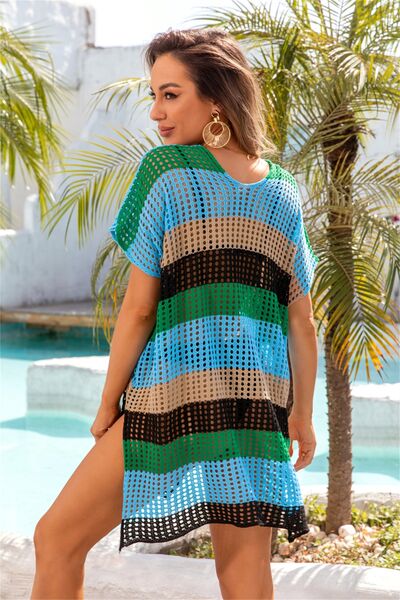 Openwork Striped V-Neck Short Sleeve Cover Up - AnAs Market