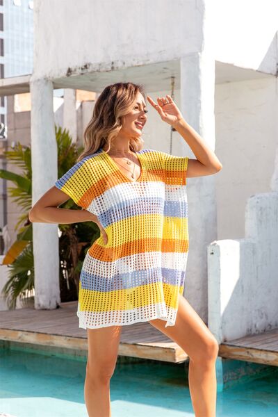 Openwork Striped V-Neck Short Sleeve Cover Up - AnAs Market