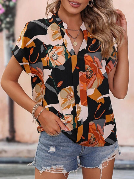 Printed Notched Short Sleeve Blouse - AnAs Market