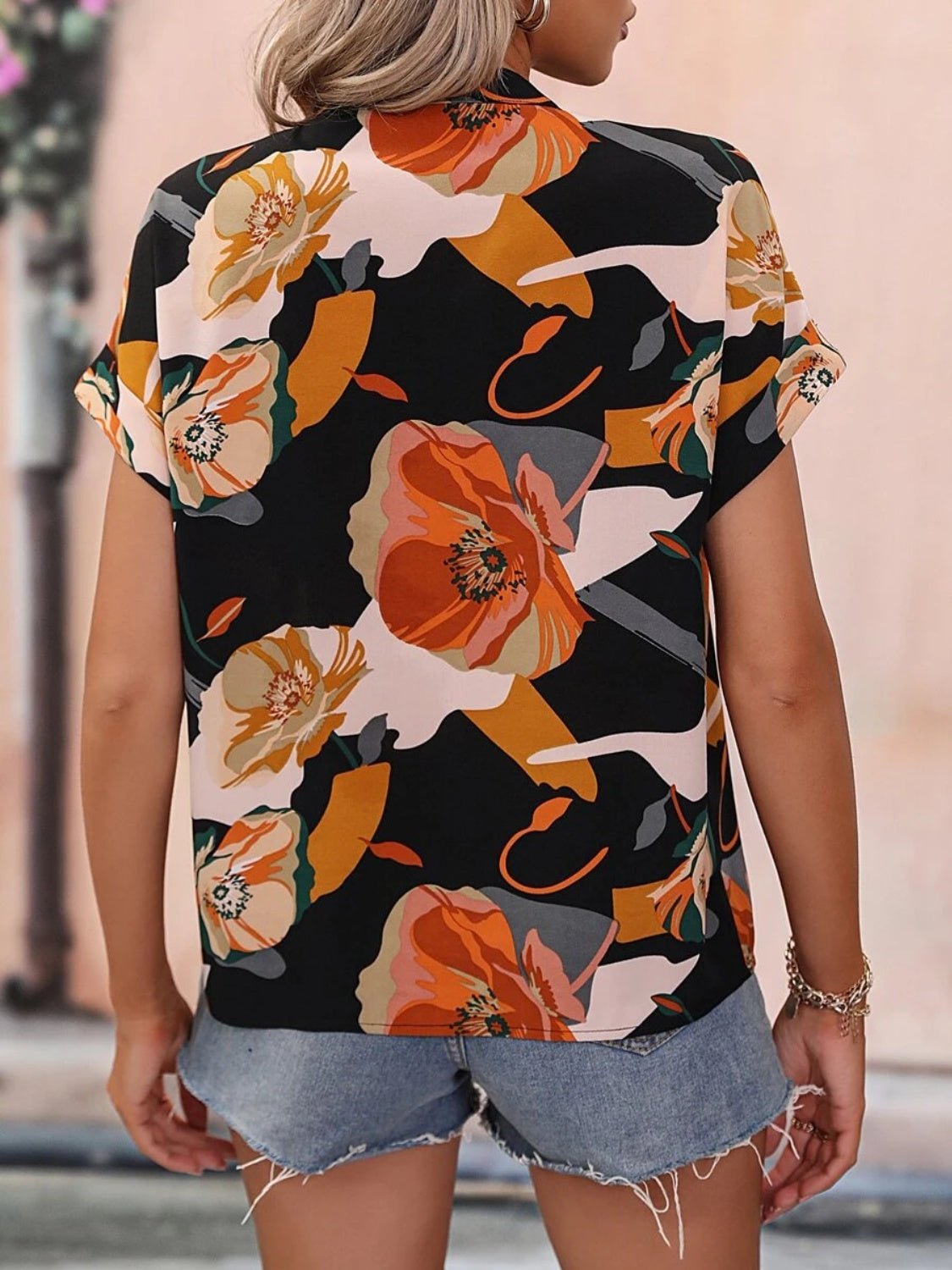 Printed Notched Short Sleeve Blouse - AnAs Market