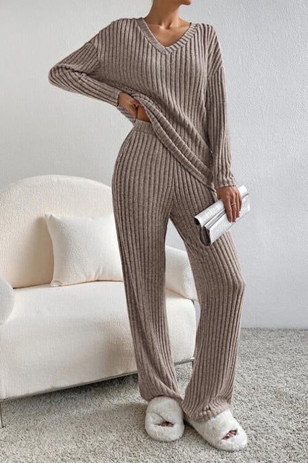 Ribbed V-Neck Top and Pants Set - AnAs Market Women's Apparel