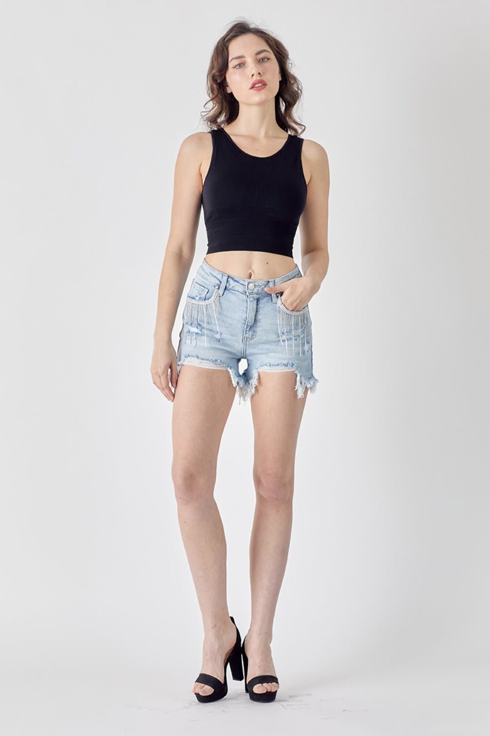 RISEN Frayed Hem Denim Shorts with Fringe Detail Pockets - AnAs Market