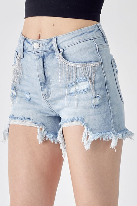 RISEN Frayed Hem Denim Shorts with Fringe Detail Pockets - AnAs Market