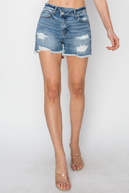 RISEN Stepped Waist Frayed Denim Shorts - AnAs Market