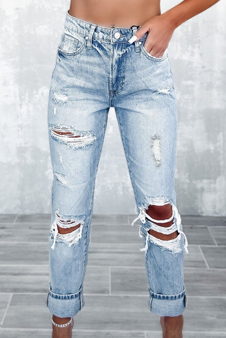 Sky Blue Light Wash Frayed Slim Fit High Waist Jean - AnAs Market