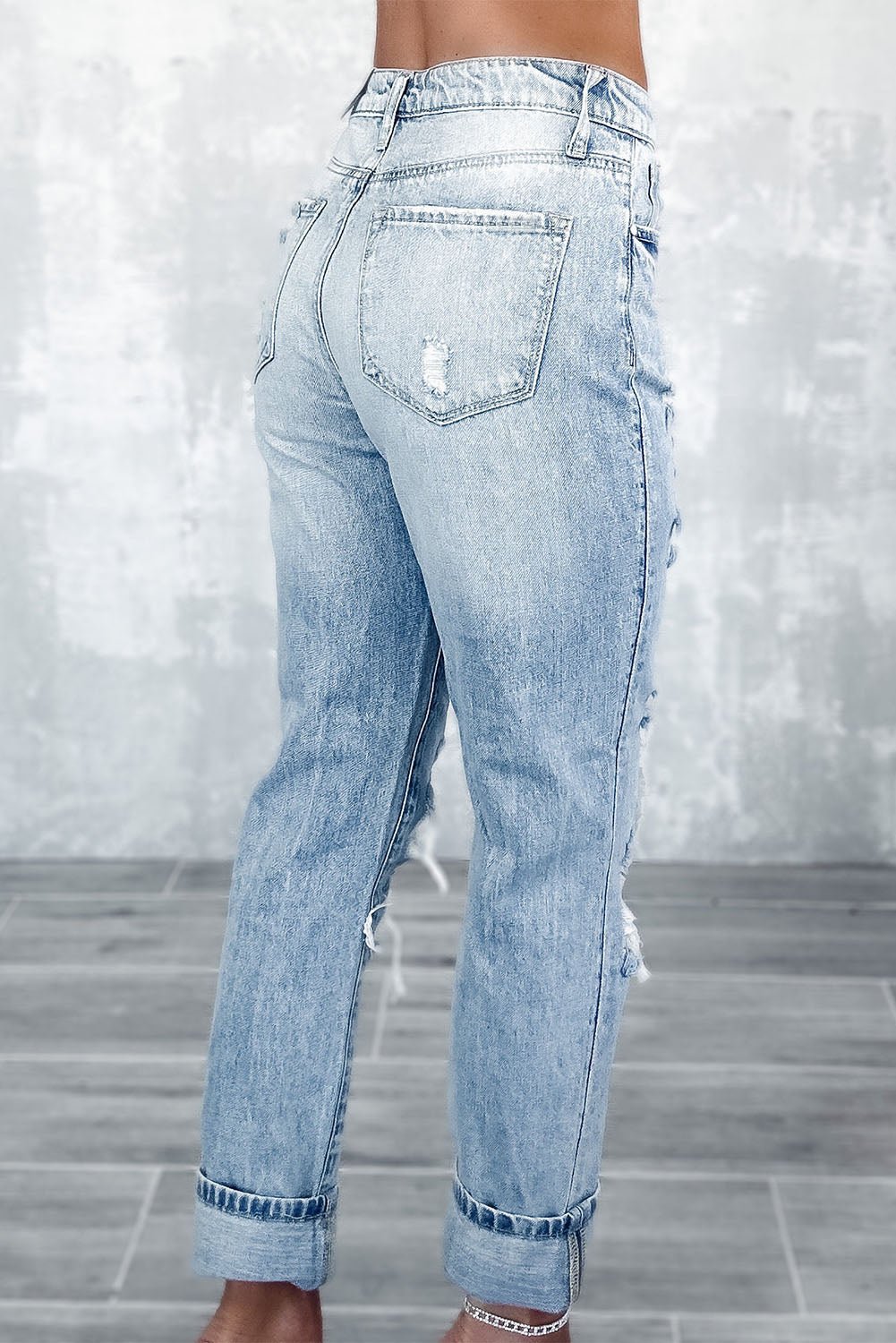 Sky Blue Light Wash Frayed Slim Fit High Waist Jean - AnAs Market